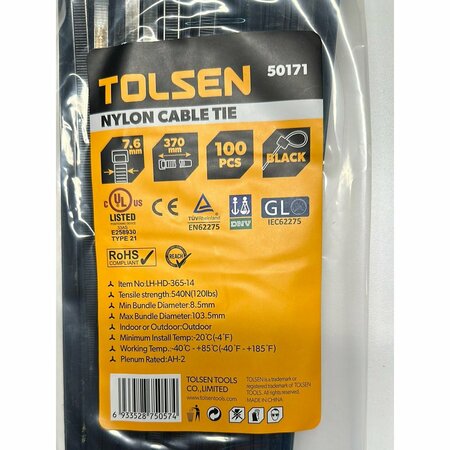 TOLSEN 14.5  Black Cable Tie UV Rated Nylon, 100PK 50171